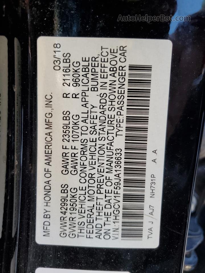 2018 Honda Accord Exl Black vin: 1HGCV1F59JA136633