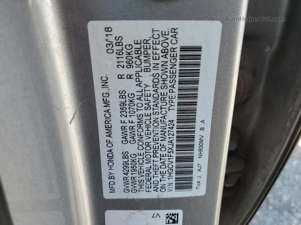2018 Honda Accord Exl Silver vin: 1HGCV1F5XJA127424