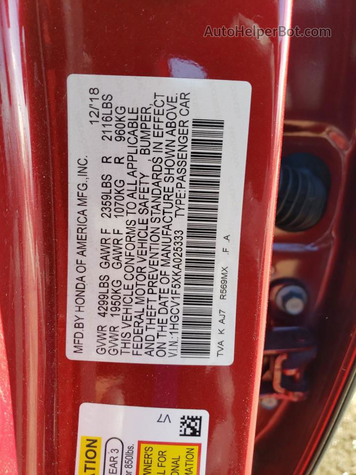 2019 Honda Accord Exl Красный vin: 1HGCV1F5XKA025333