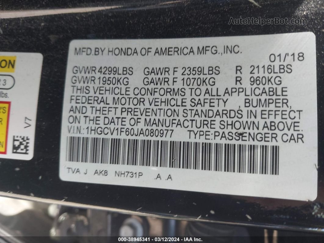2018 Honda Accord Ex-l Черный vin: 1HGCV1F60JA080977