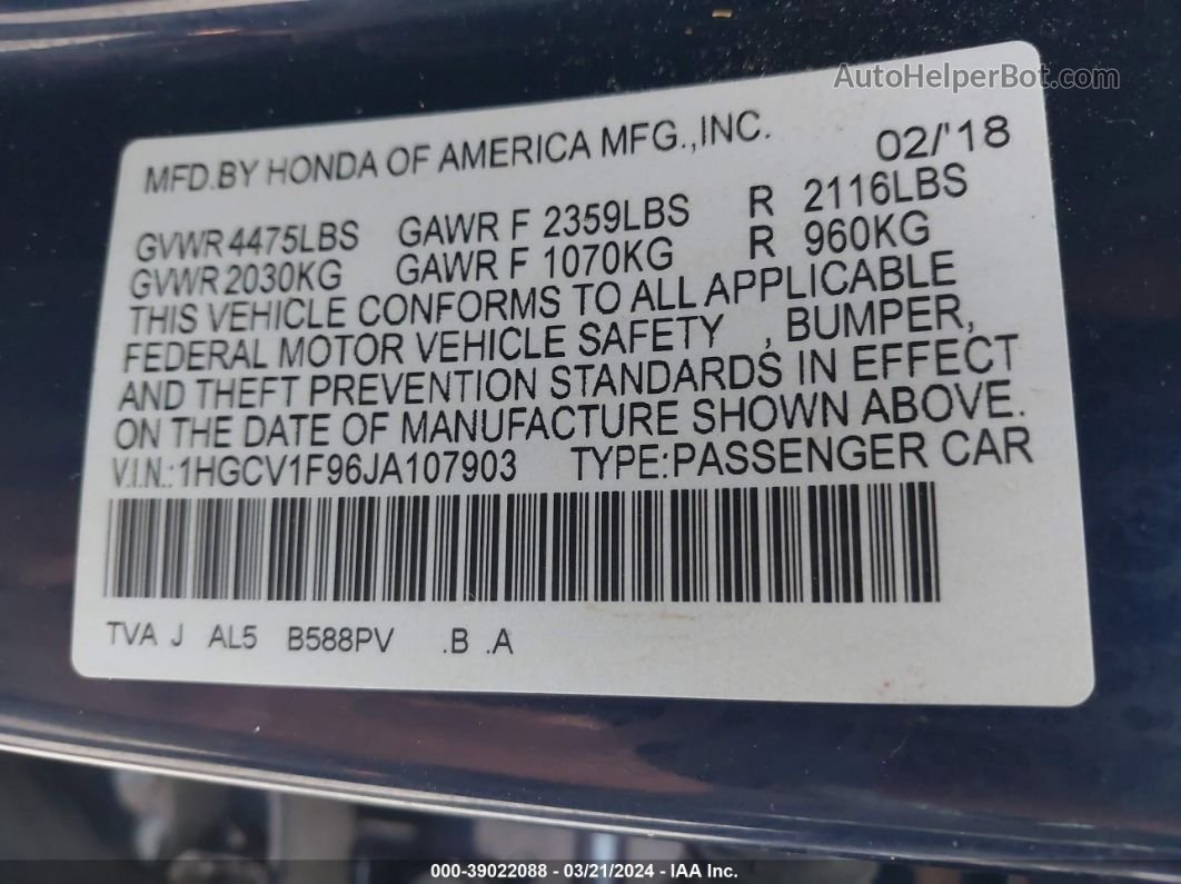 2018 Honda Accord Touring Синий vin: 1HGCV1F96JA107903