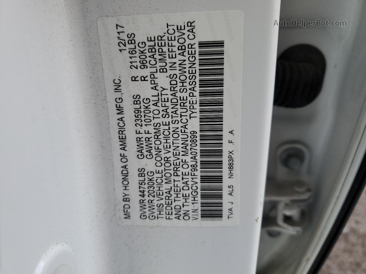 2018 Honda Accord Touring White vin: 1HGCV1F98JA070899