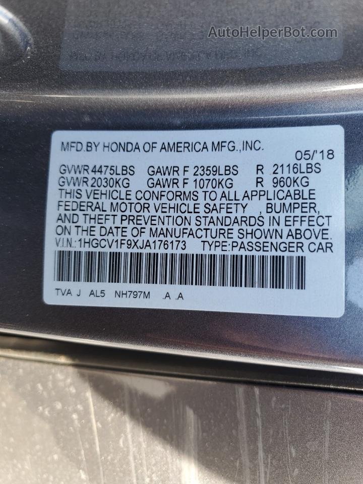 2018 Honda Accord Touring Gray vin: 1HGCV1F9XJA176173