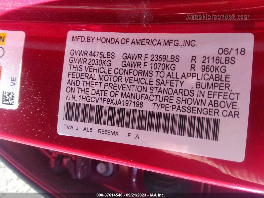2018 Honda Accord Sedan Touring 1.5t Красный vin: 1HGCV1F9XJA197198