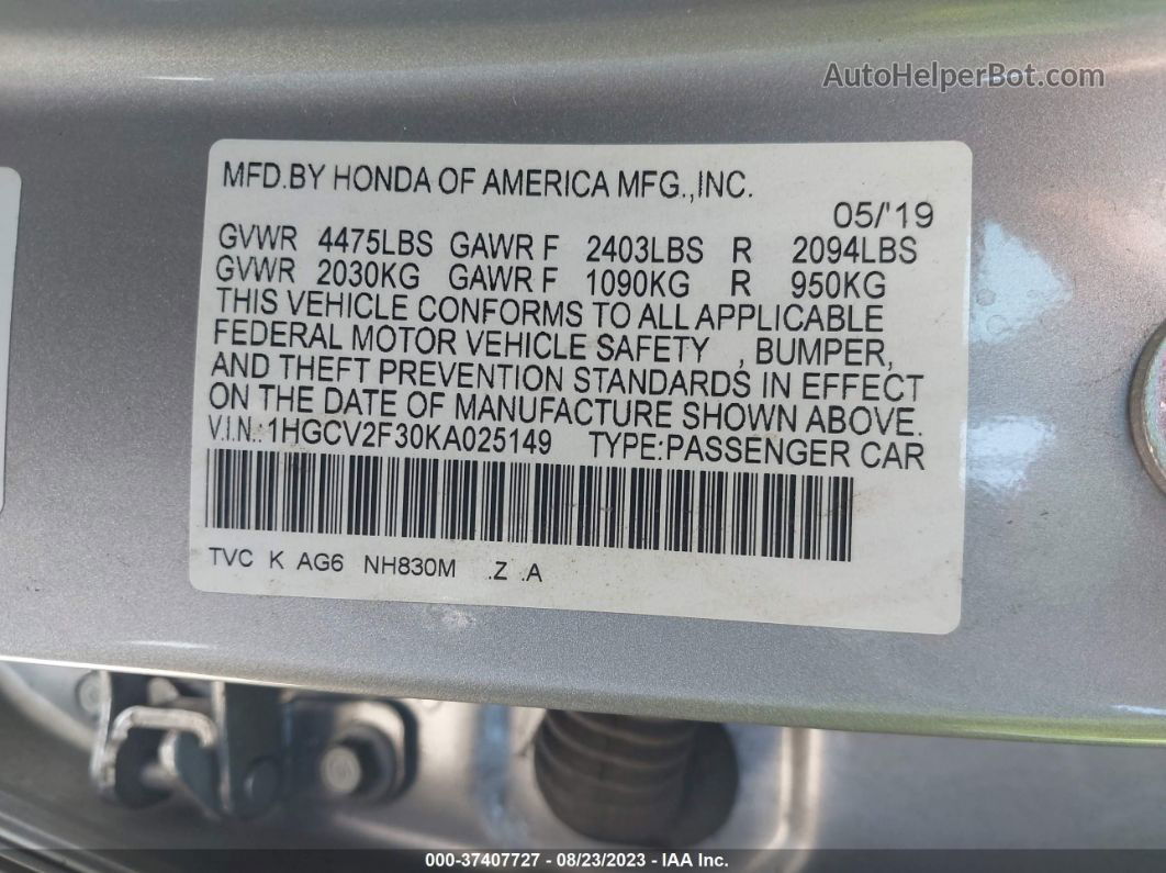 2019 Honda Accord Sedan Sport 2.0t Silver vin: 1HGCV2F30KA025149
