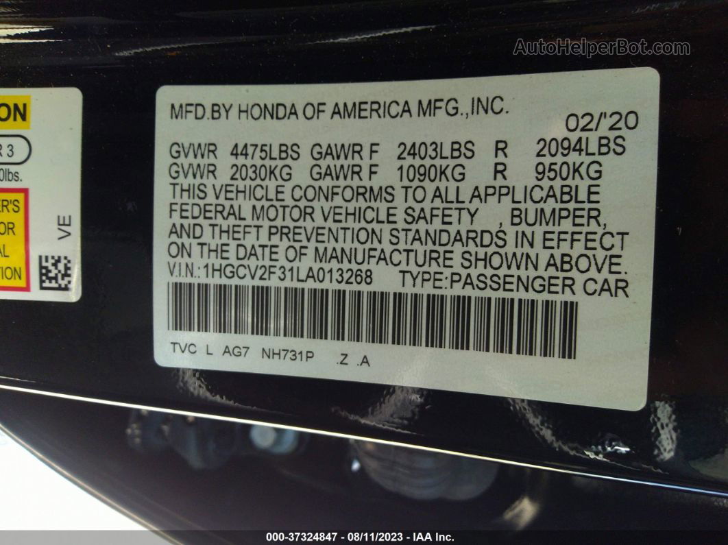 2020 Honda Accord Sedan Sport 2.0t Black vin: 1HGCV2F31LA013268