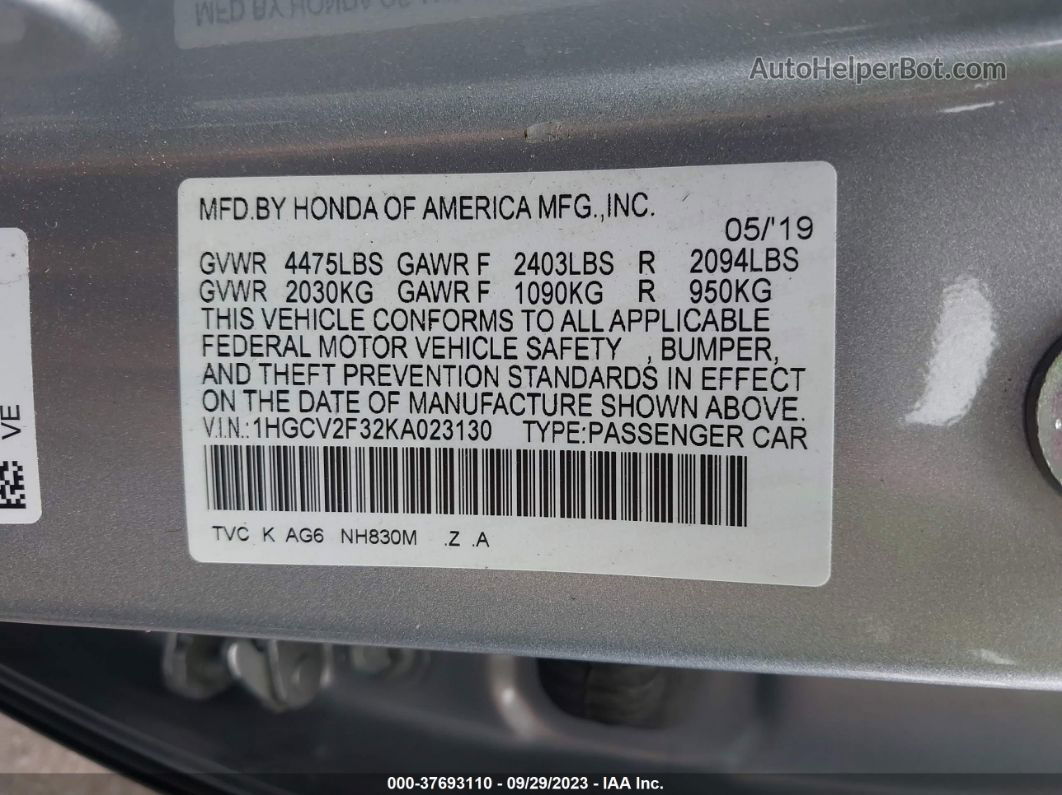 2019 Honda Accord Sedan Sport 2.0t Silver vin: 1HGCV2F32KA023130