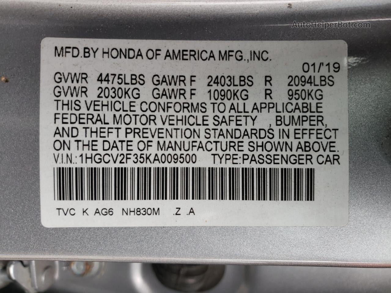 2019 Honda Accord Sport Silver vin: 1HGCV2F35KA009500