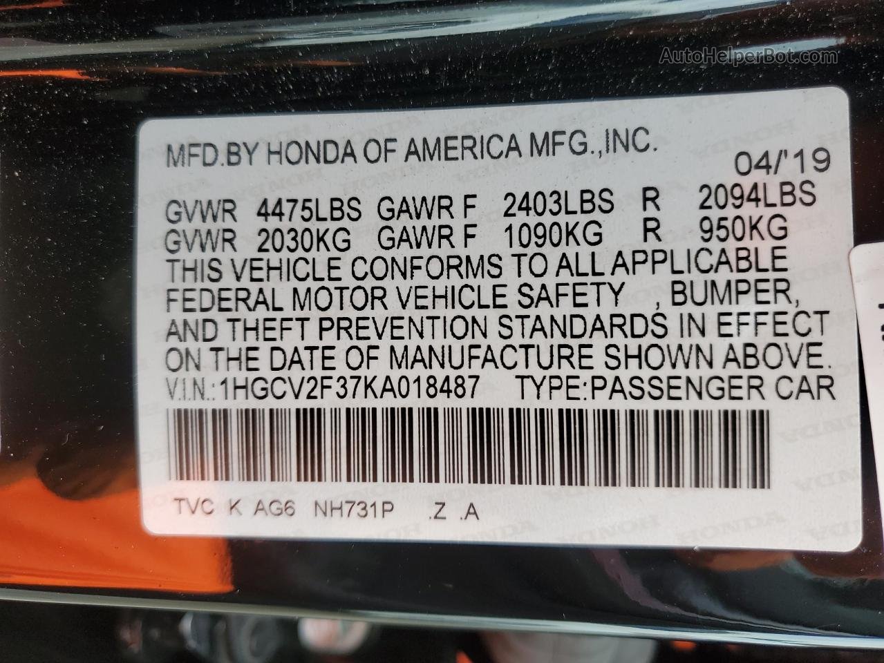 2019 Honda Accord Sport Black vin: 1HGCV2F37KA018487