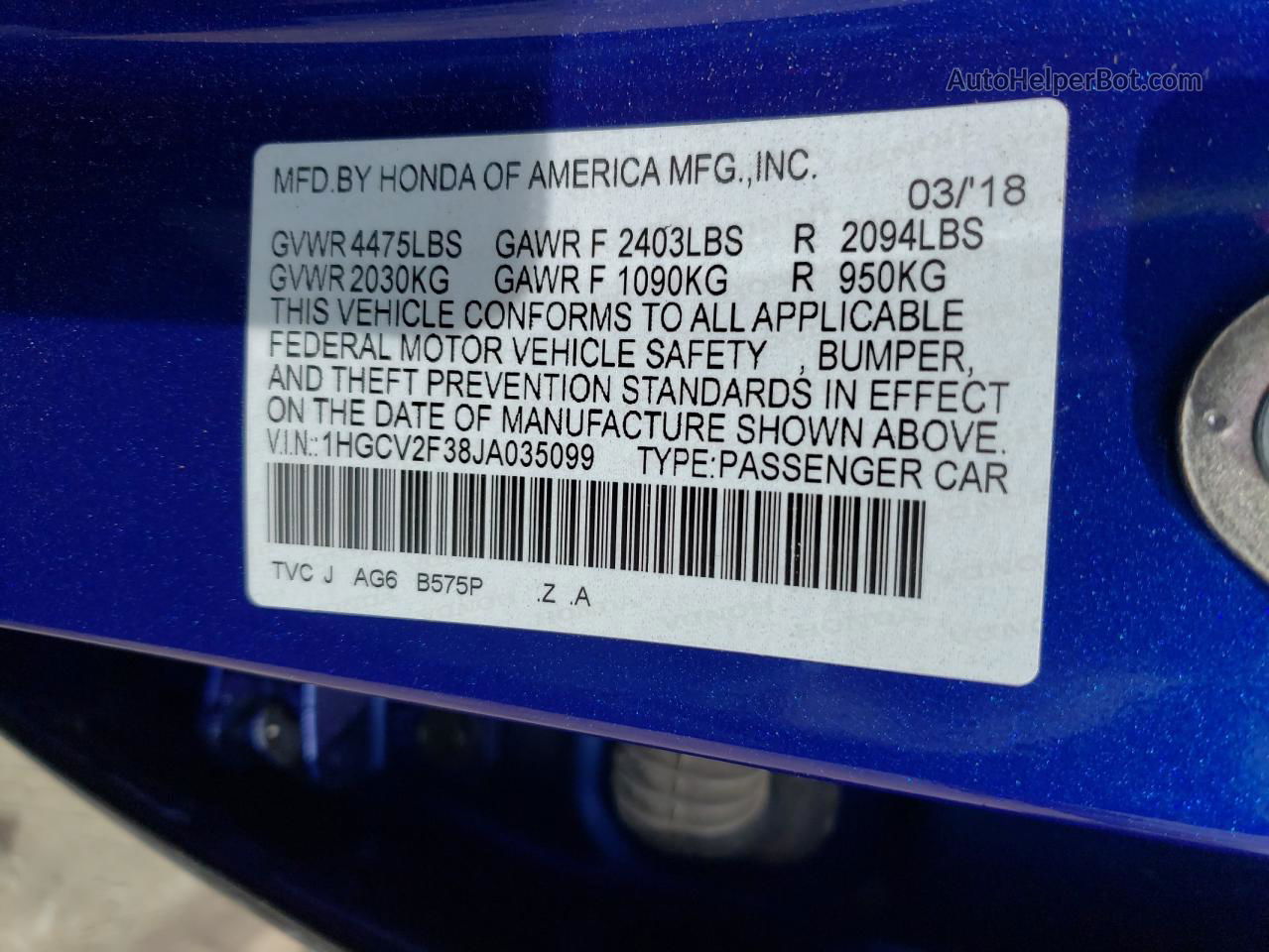 2018 Honda Accord Sport Blue vin: 1HGCV2F38JA035099