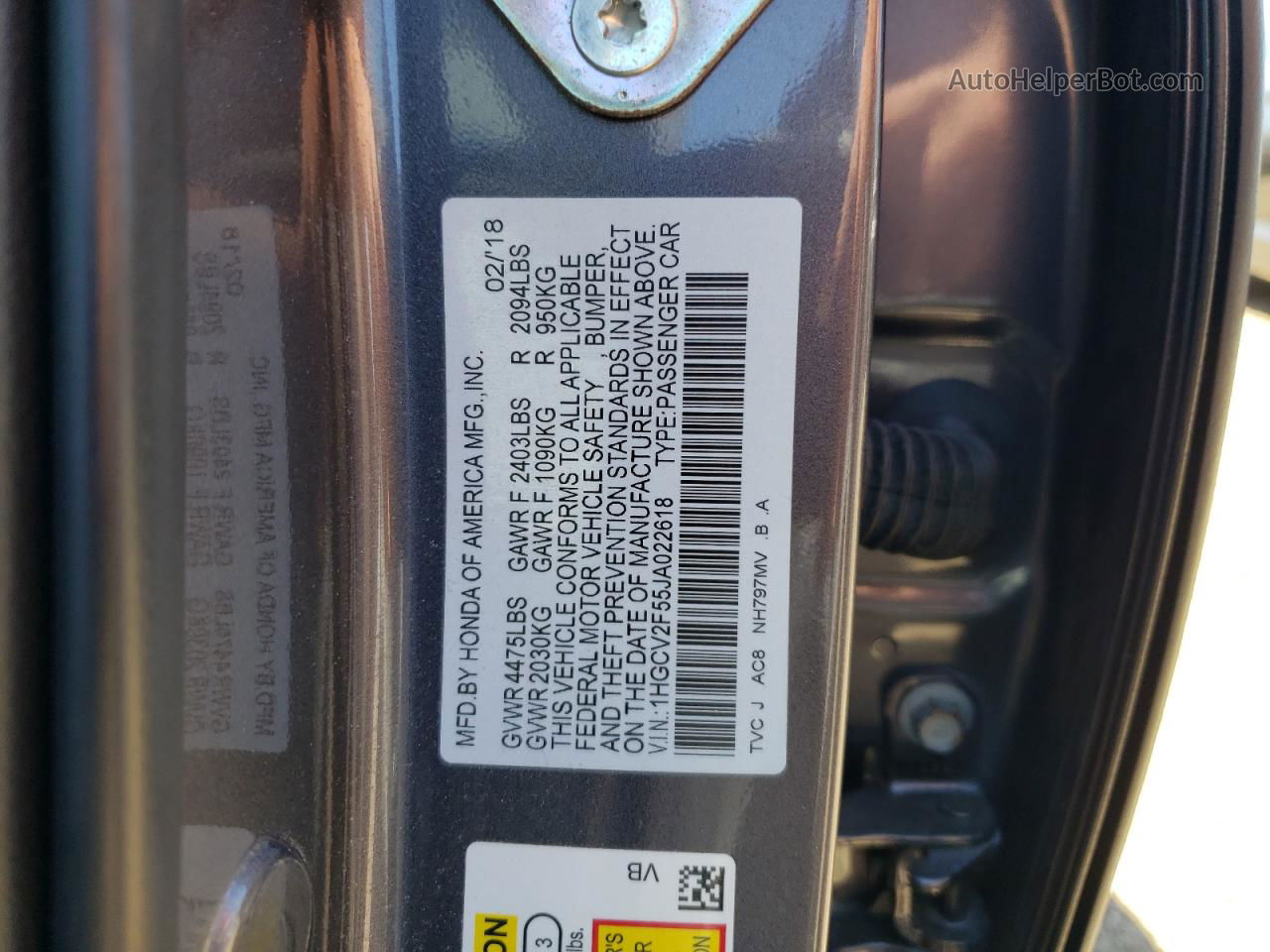 2018 Honda Accord Exl Gray vin: 1HGCV2F55JA022618