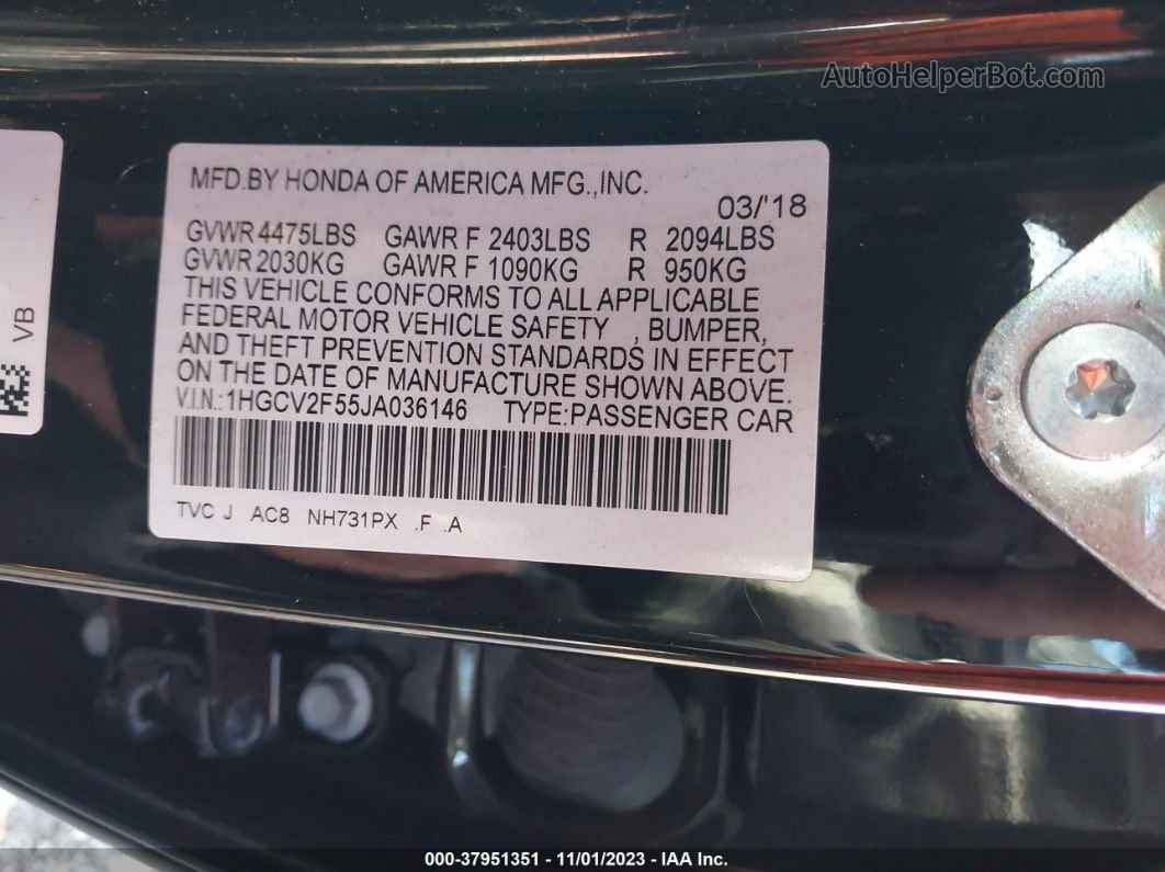 2018 Honda Accord Sedan Ex-l 2.0t Black vin: 1HGCV2F55JA036146