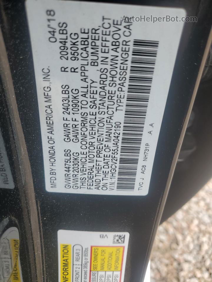 2018 Honda Accord Exl Black vin: 1HGCV2F55JA042190