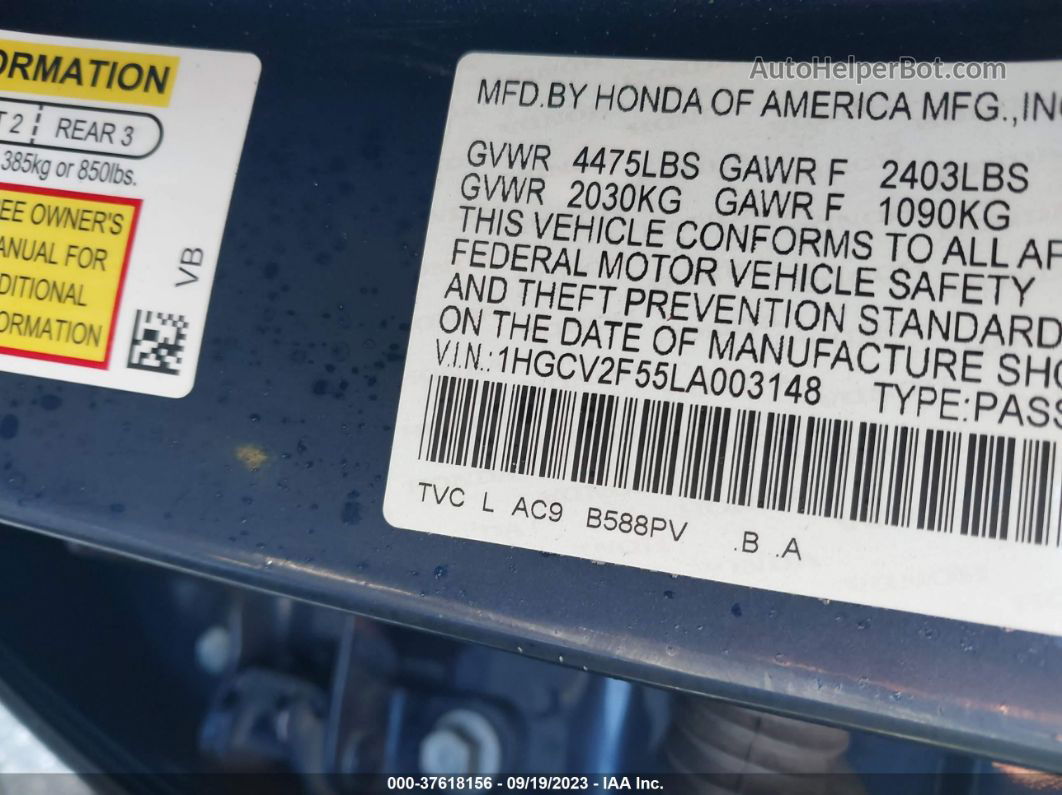 2020 Honda Accord Sedan Ex-l Blue vin: 1HGCV2F55LA003148