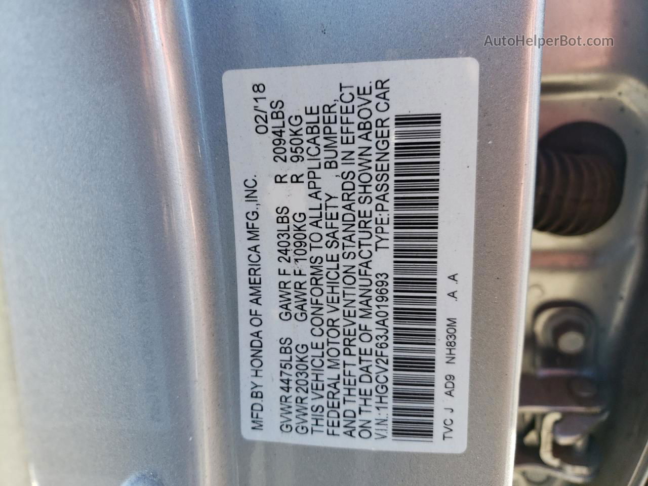 2018 Honda Accord Exl Silver vin: 1HGCV2F63JA019693