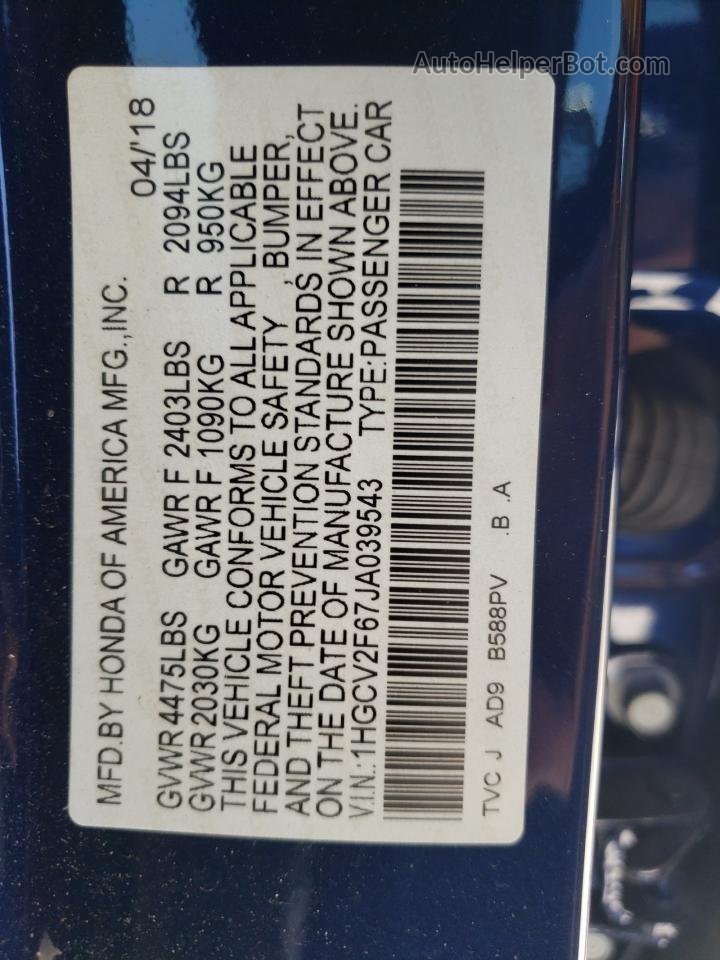 2018 Honda Accord Exl Blue vin: 1HGCV2F67JA039543