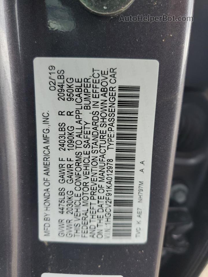 2019 Honda Accord Touring Gray vin: 1HGCV2F91KA012978