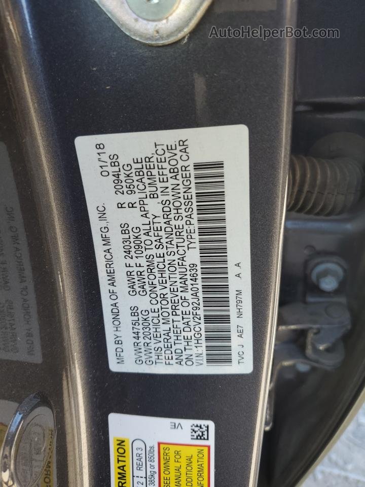 2018 Honda Accord Touring Gray vin: 1HGCV2F92JA014639
