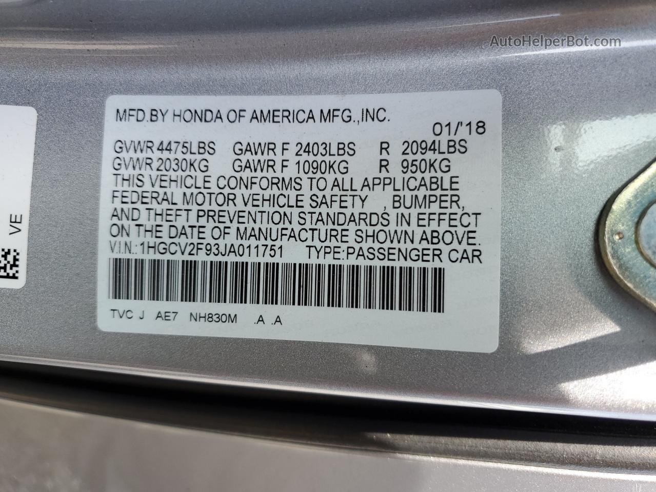 2018 Honda Accord Touring Silver vin: 1HGCV2F93JA011751