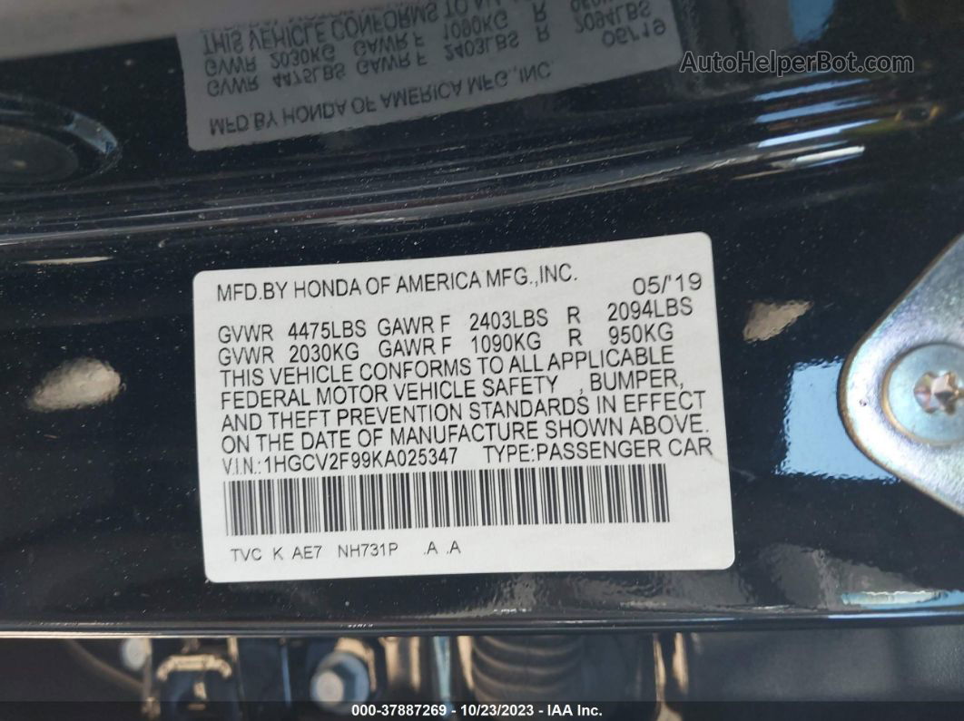 2019 Honda Accord Sedan Touring 2.0t Black vin: 1HGCV2F99KA025347
