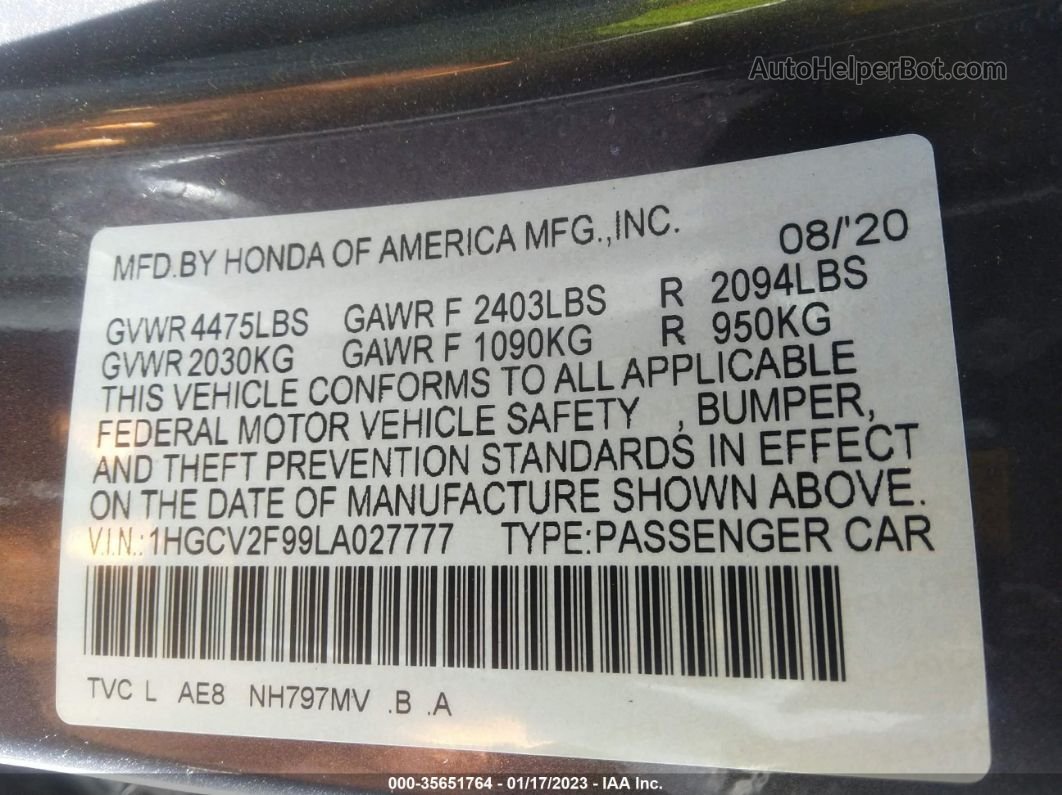 2020 Honda Accord Sedan Touring Gray vin: 1HGCV2F99LA027777