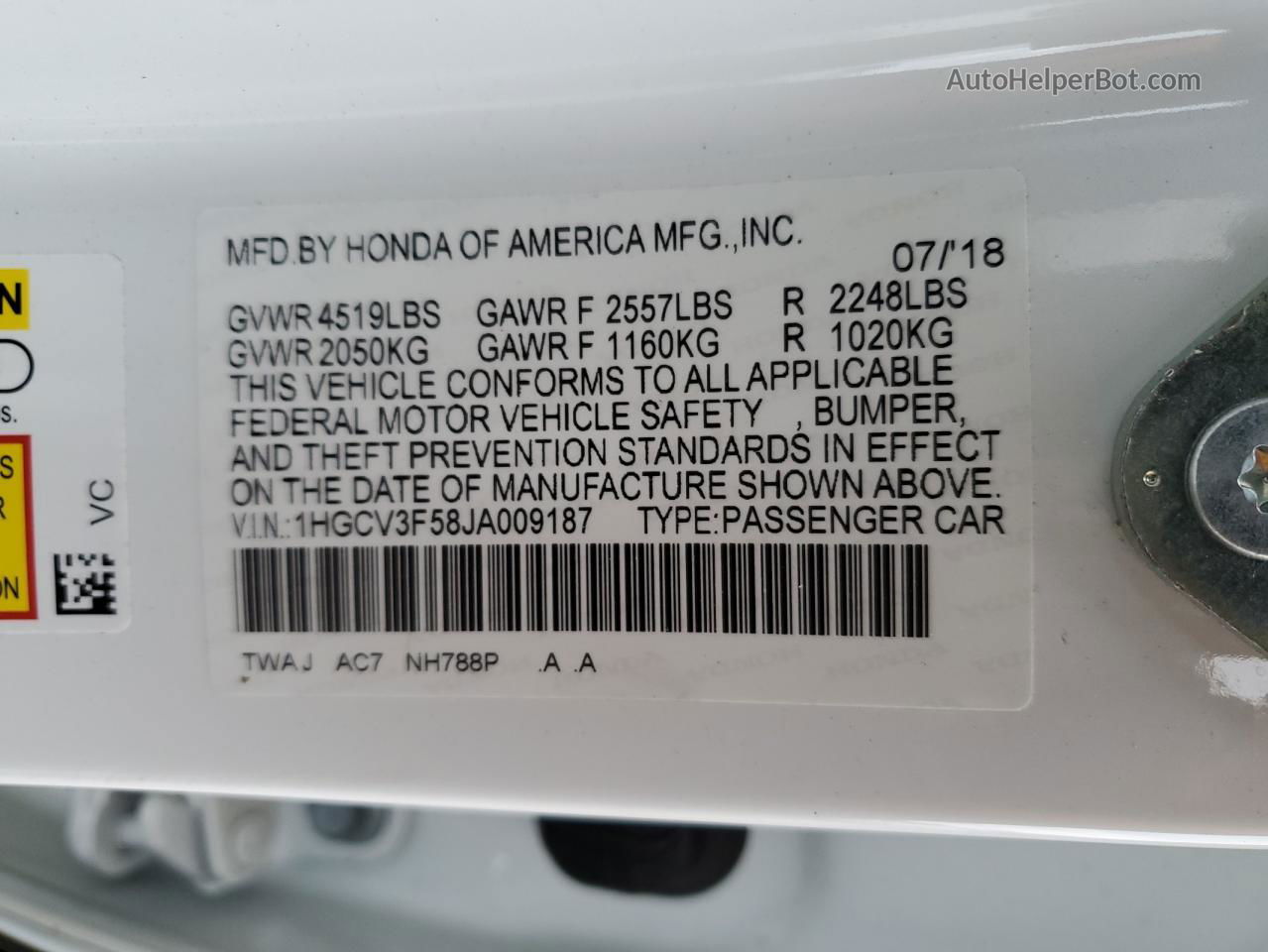 2018 Honda Accord Hybrid Exl White vin: 1HGCV3F58JA009187