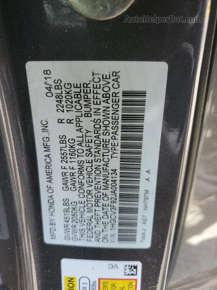 2018 Honda Accord Touring Hybrid Charcoal vin: 1HGCV3F92JA004134