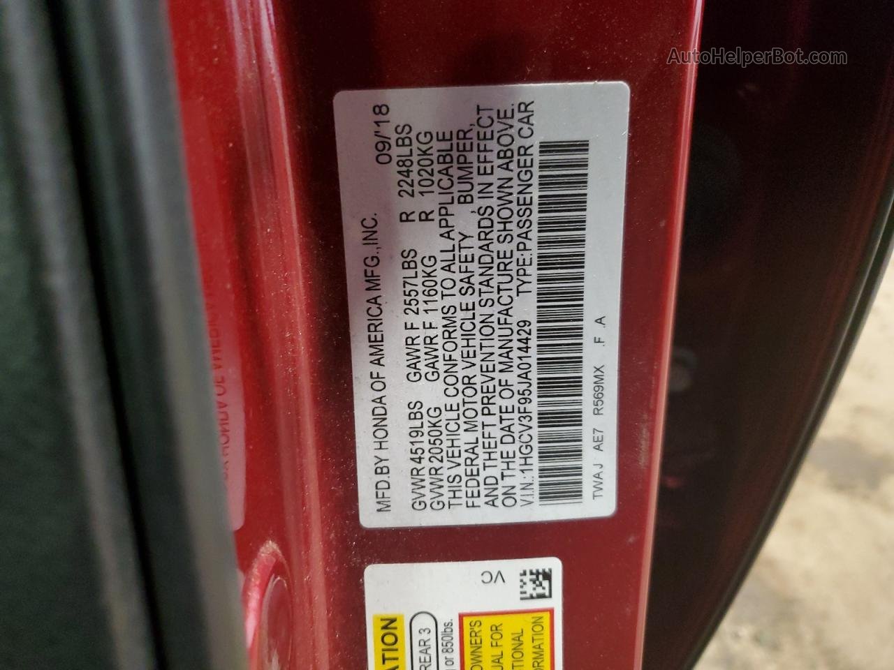 2018 Honda Accord Touring Hybrid Red vin: 1HGCV3F95JA014429