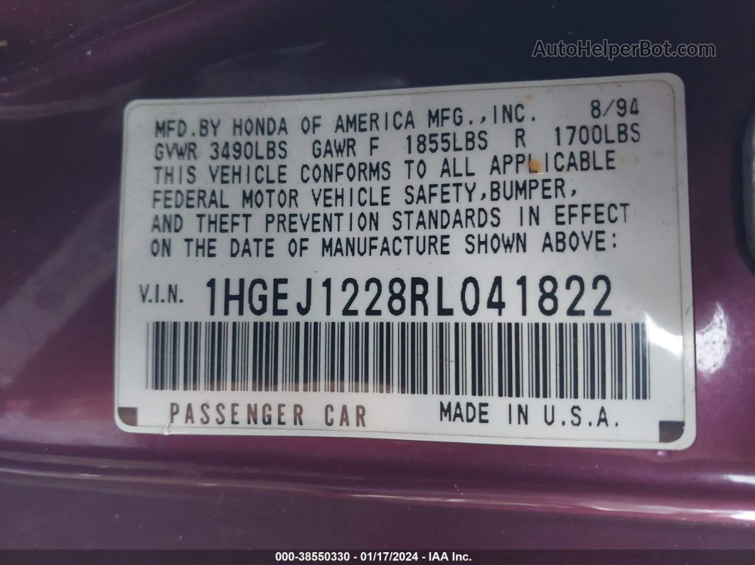 1994 Honda Civic Ex Purple vin: 1HGEJ1228RL041822