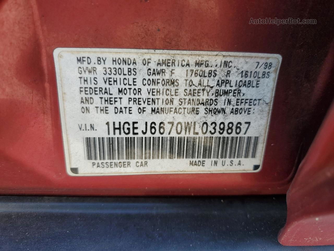 1998 Honda Civic Lx Red vin: 1HGEJ6670WL039867