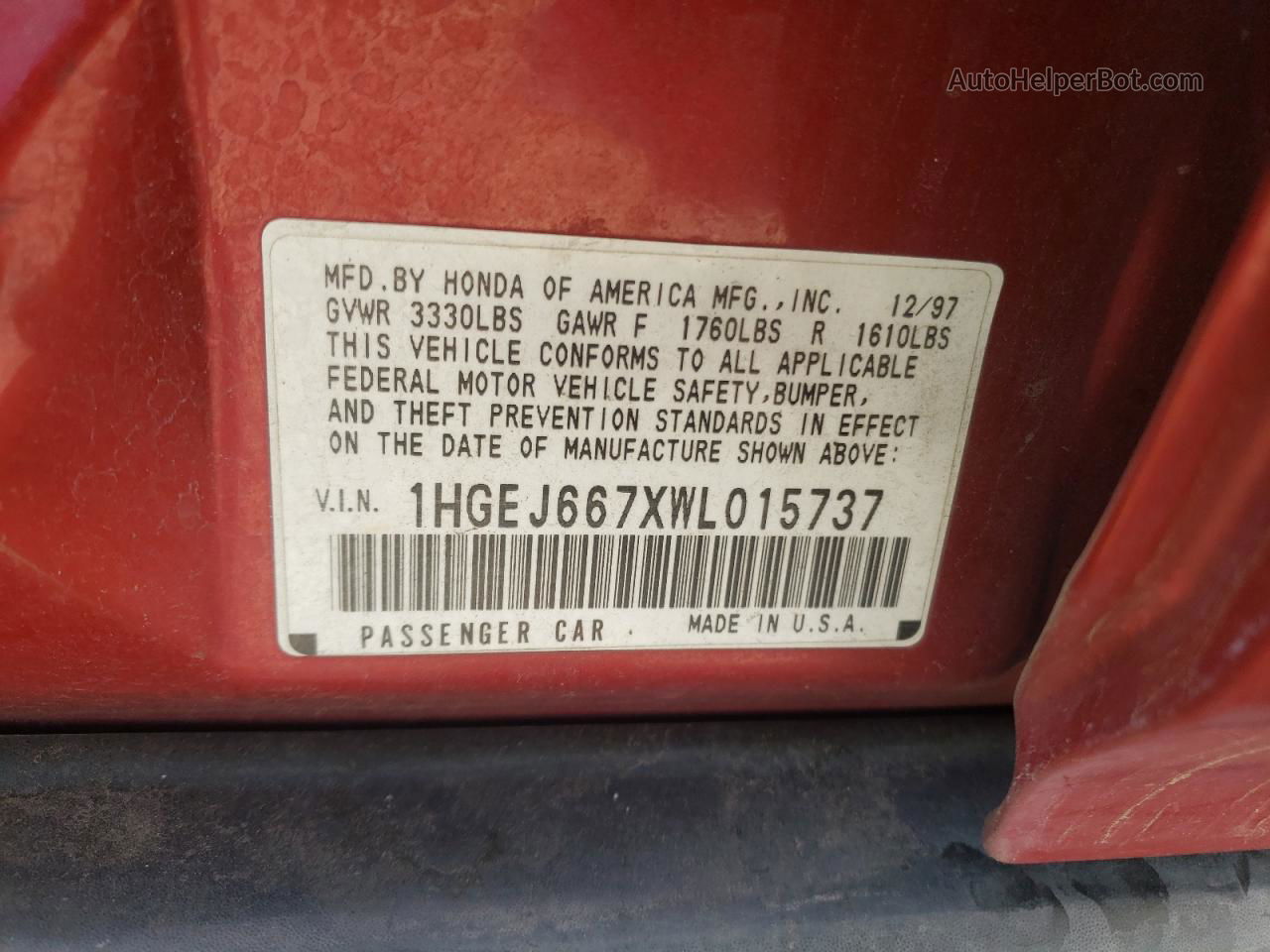 1998 Honda Civic Lx Red vin: 1HGEJ667XWL015737