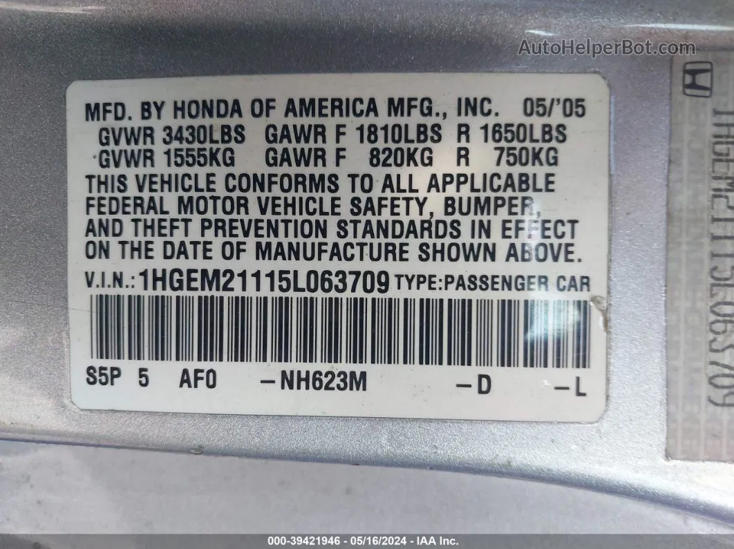 2005 Honda Civic Vp Silver vin: 1HGEM21115L063709