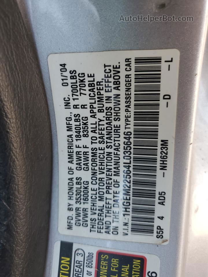 2004 Honda Civic Lx Silver vin: 1HGEM22564L035646