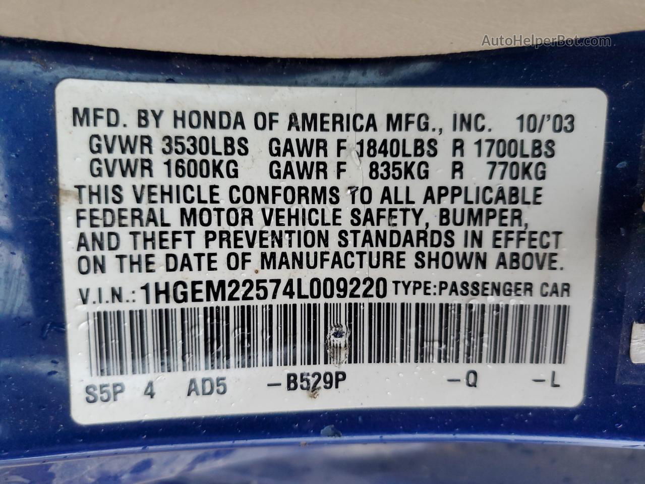 2004 Honda Civic Lx Blue vin: 1HGEM22574L009220