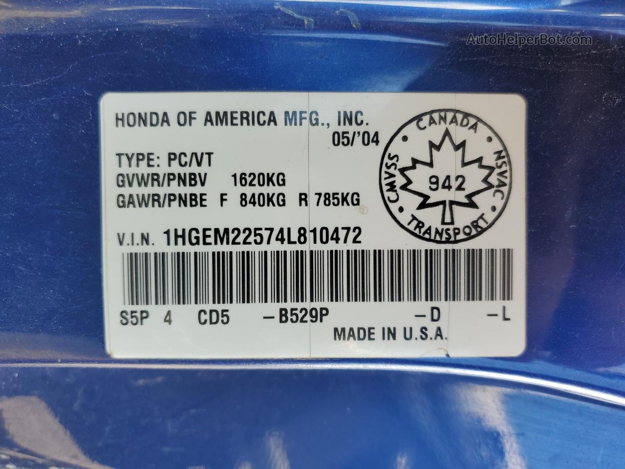 2004 Honda Civic Lx Blue vin: 1HGEM22574L810472