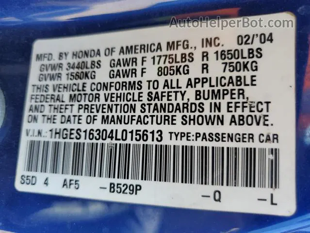 2004 Honda Civic Dx Vp Blue vin: 1HGES16304L015613