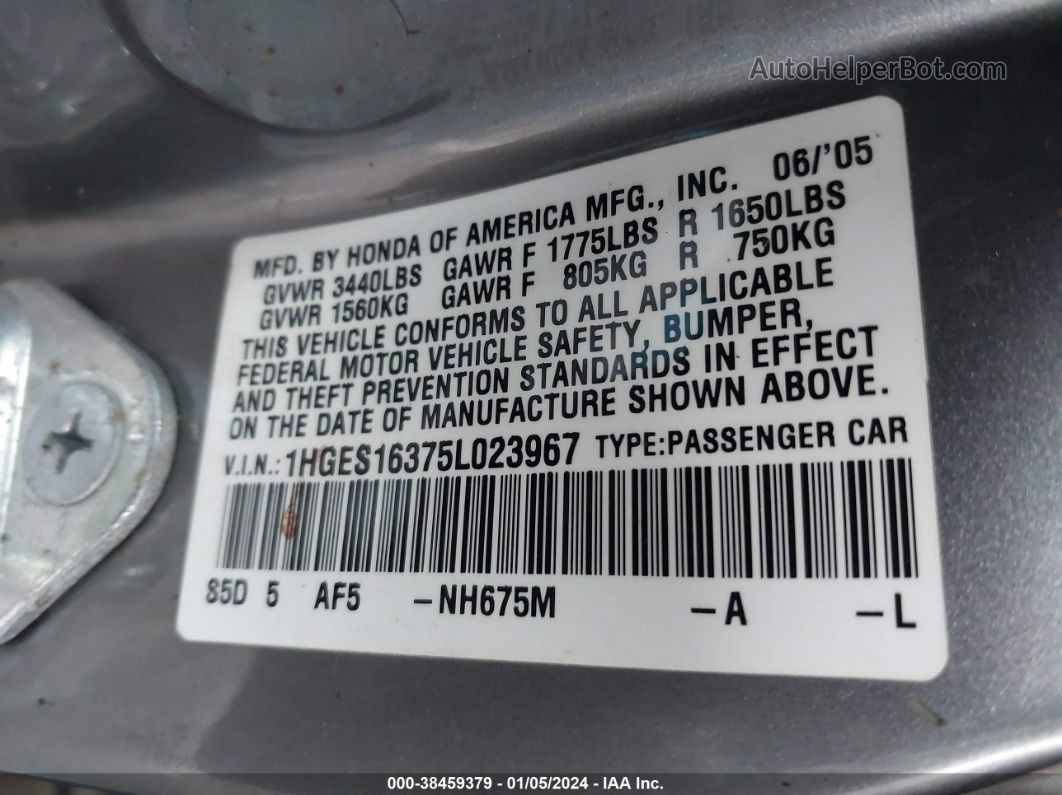 2005 Honda Civic Vp Gray vin: 1HGES16375L023967