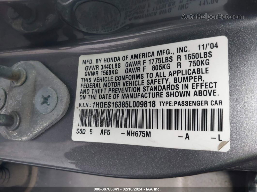 2005 Honda Civic Vp Gray vin: 1HGES16385L009818