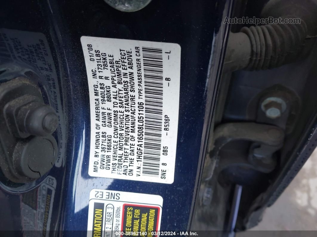 2008 Honda Civic Lx Blue vin: 1HGFA16508L051106