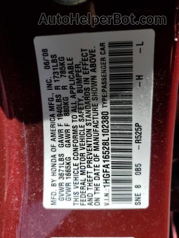 2008 Honda Civic Lx Бордовый vin: 1HGFA16528L102380