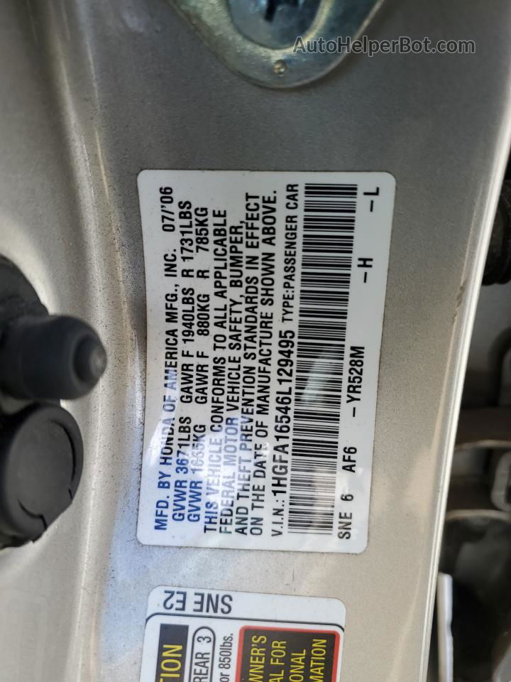 2006 Honda Civic Lx Бежевый vin: 1HGFA16546L129495