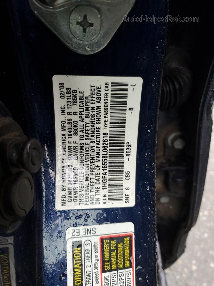 2008 Honda Civic Lx Синий vin: 1HGFA16558L062618