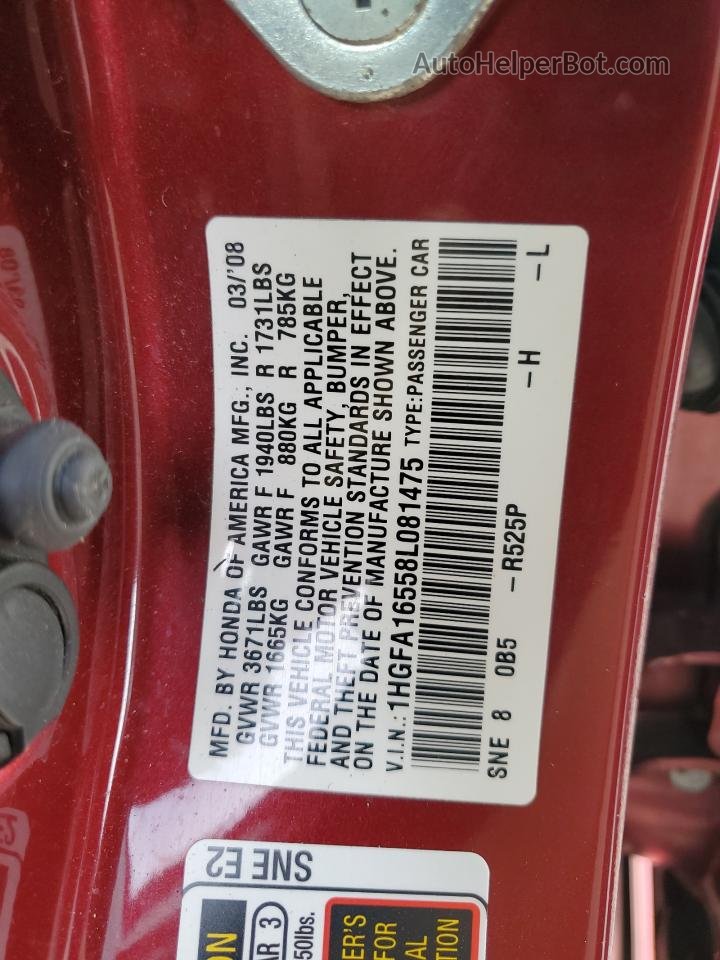 2008 Honda Civic Lx Red vin: 1HGFA16558L081475