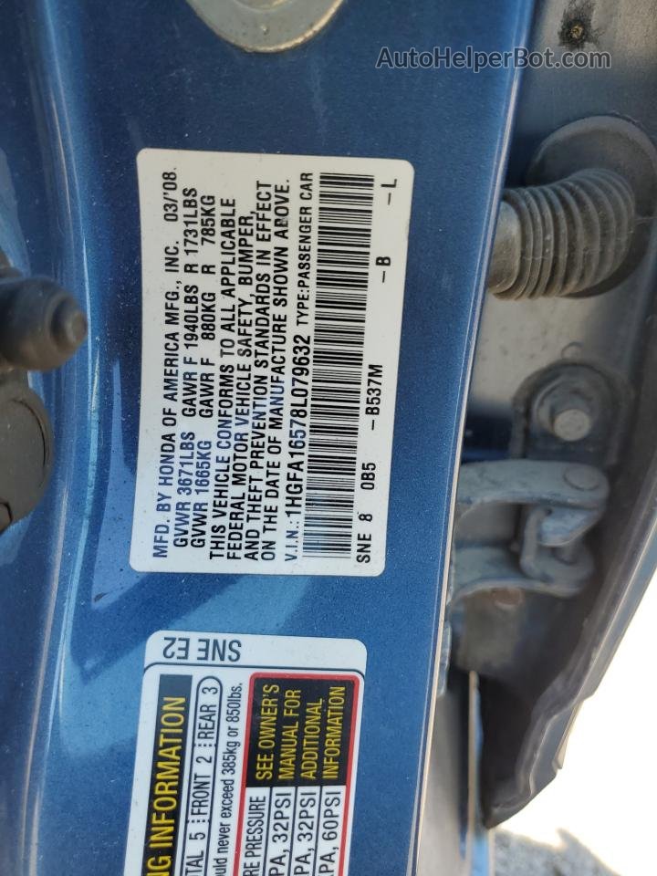 2008 Honda Civic Lx Blue vin: 1HGFA16578L079632