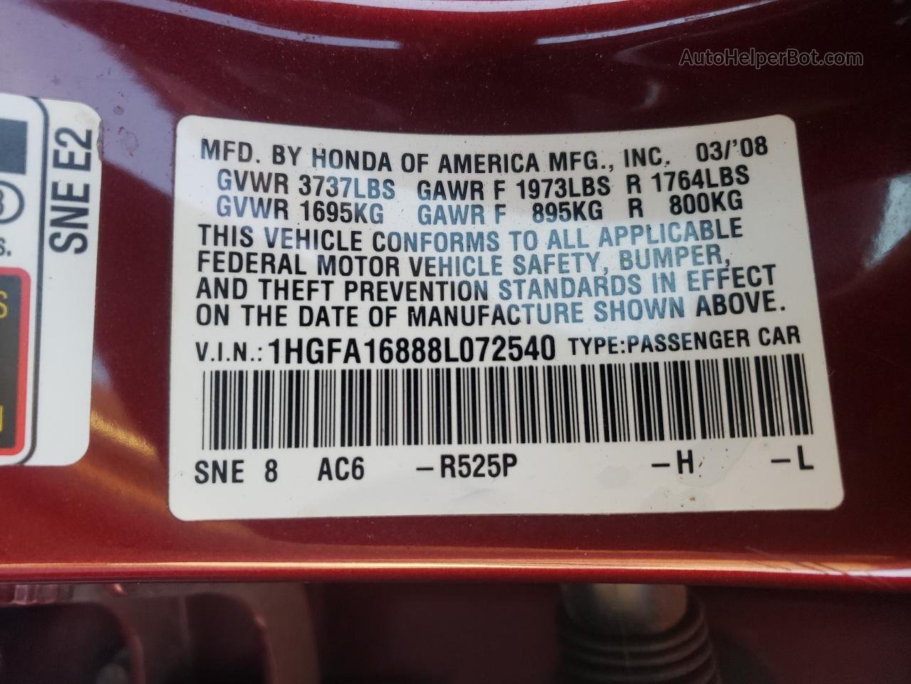 2008 Honda Civic Ex Темно-бордовый vin: 1HGFA16888L072540