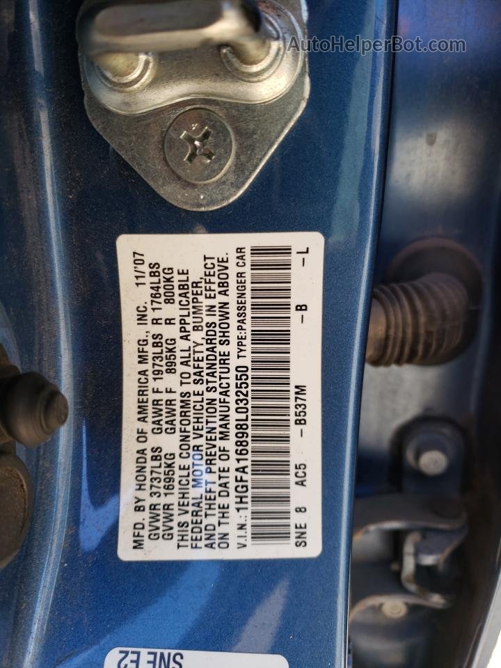 2008 Honda Civic Ex Синий vin: 1HGFA16898L032550