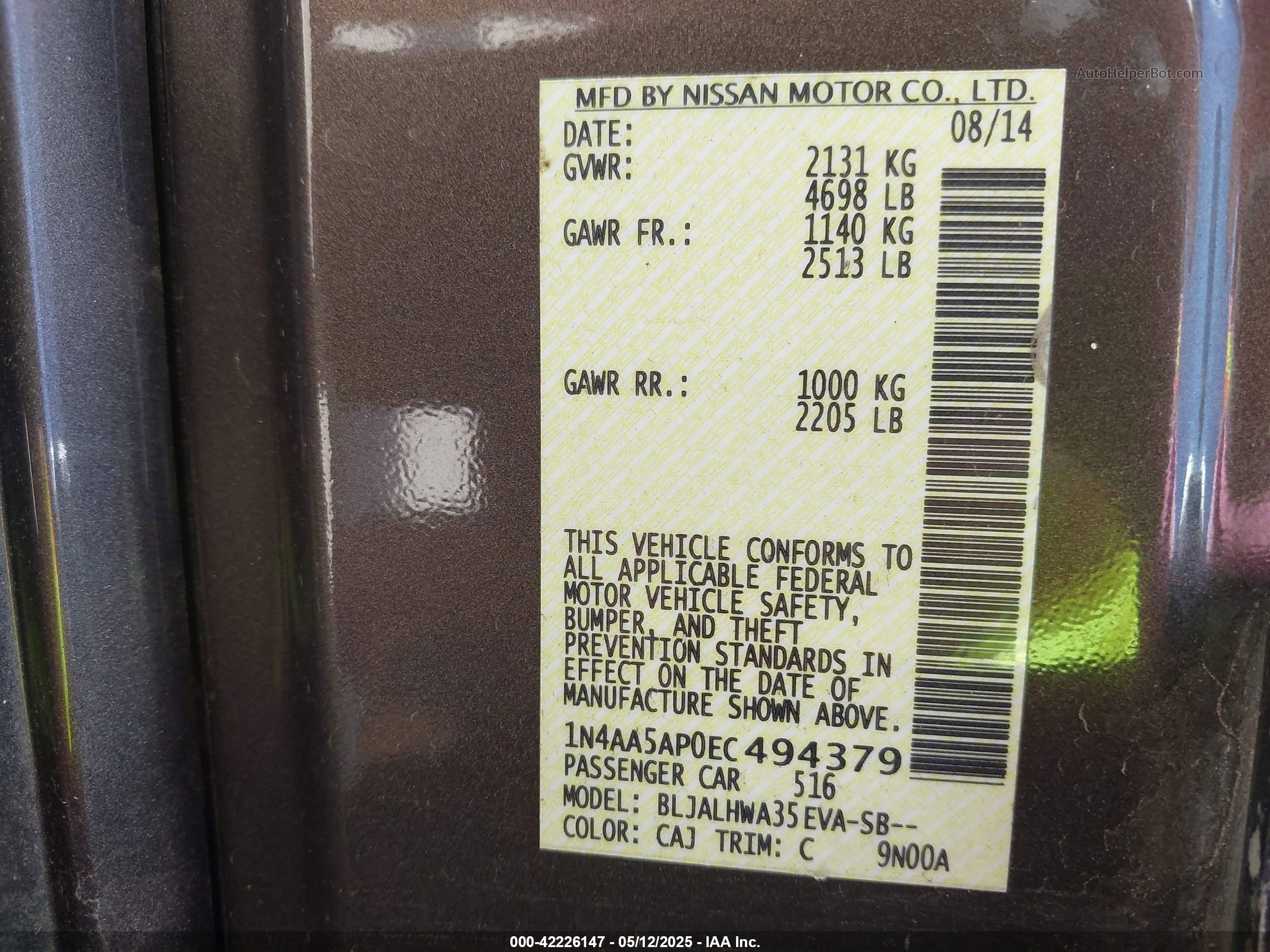 2014 Nissan Maxima 3.5 Sv Brown vin: 1N4AA5AP0EC494379