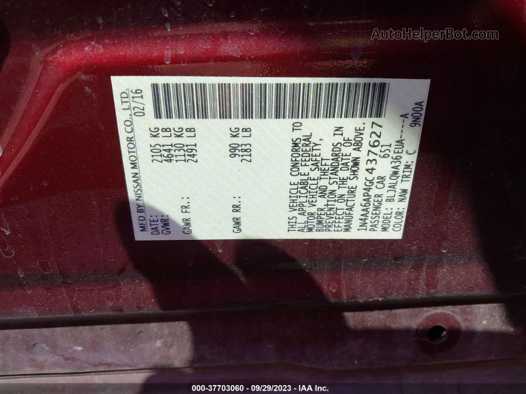 2016 Nissan Maxima 3.5 Красный vin: 1N4AA6AP4GC437627