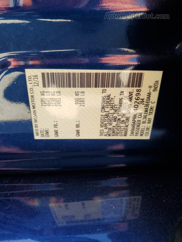2017 Nissan Maxima 3.5s Blue vin: 1N4AA6AP4HC402698