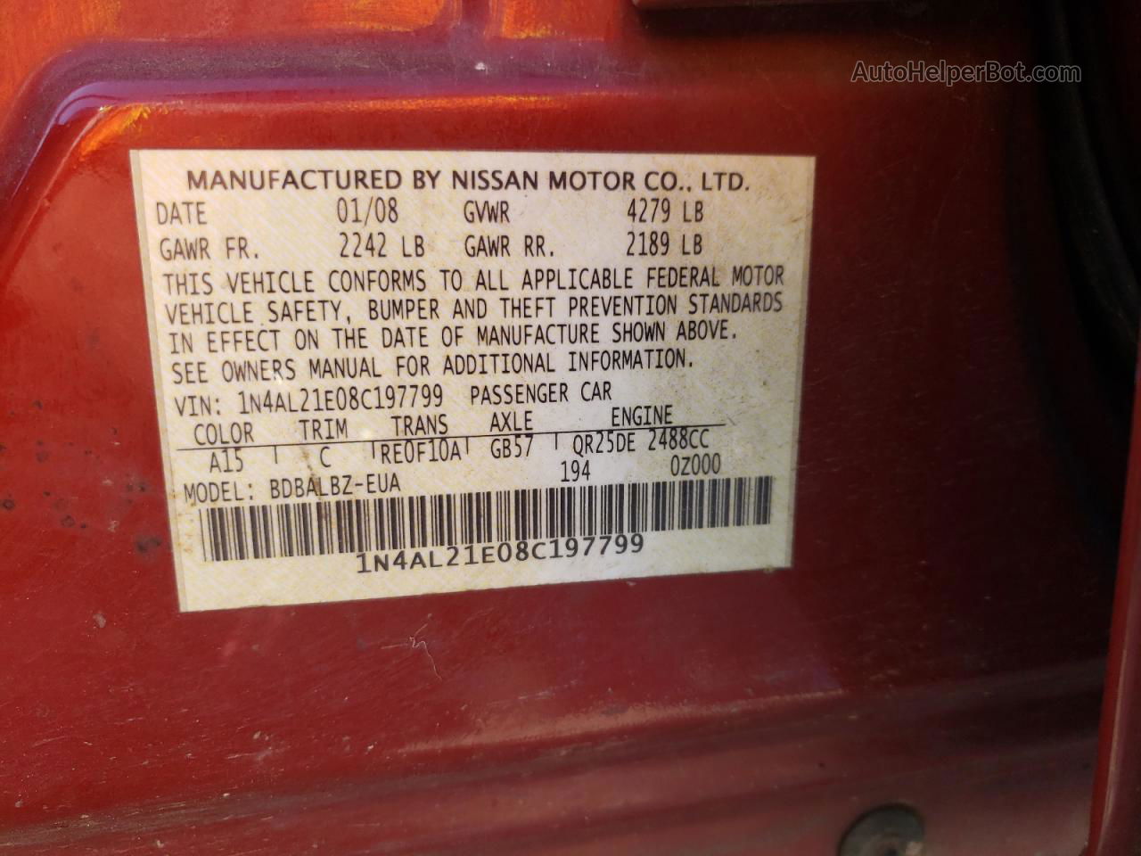 2008 Nissan Altima 2.5 Maroon vin: 1N4AL21E08C197799